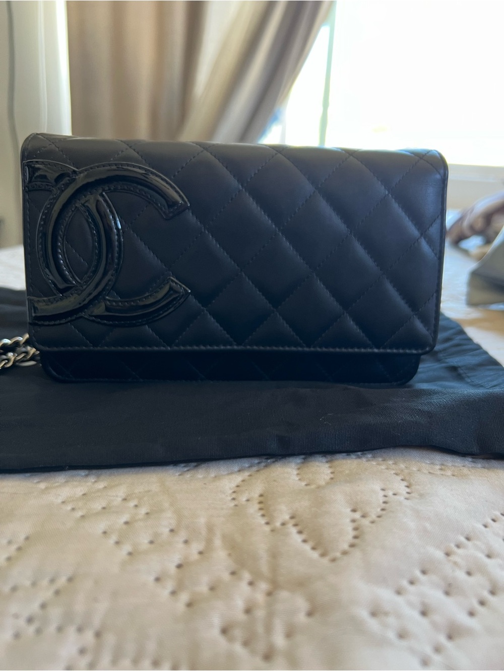 CHANEL Black Quilted Patent Leather Crossbody Wallet